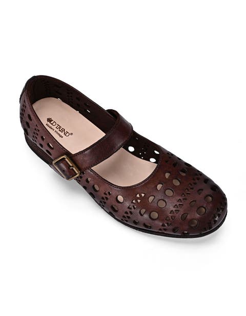 Retro Genuine Leather Breathable Cutout Mary Jane Flat