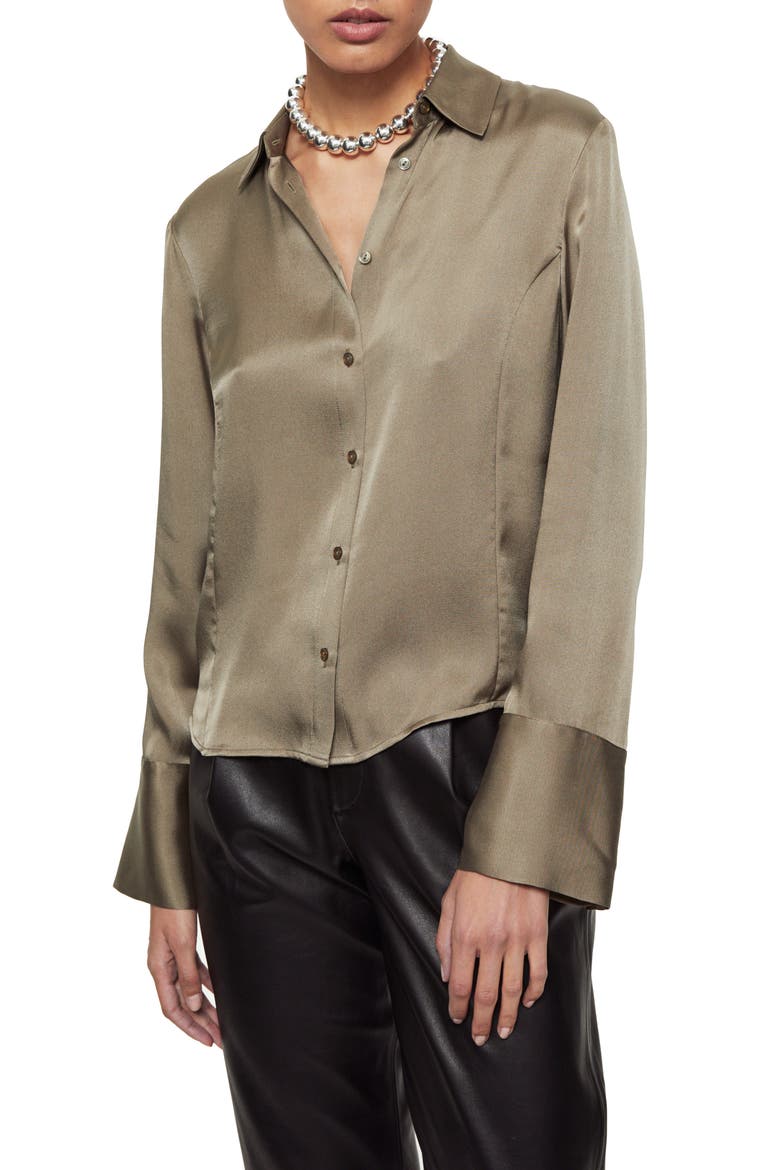 Mackenzie Silk Button-Up Top, Main, color, DARK GREEN