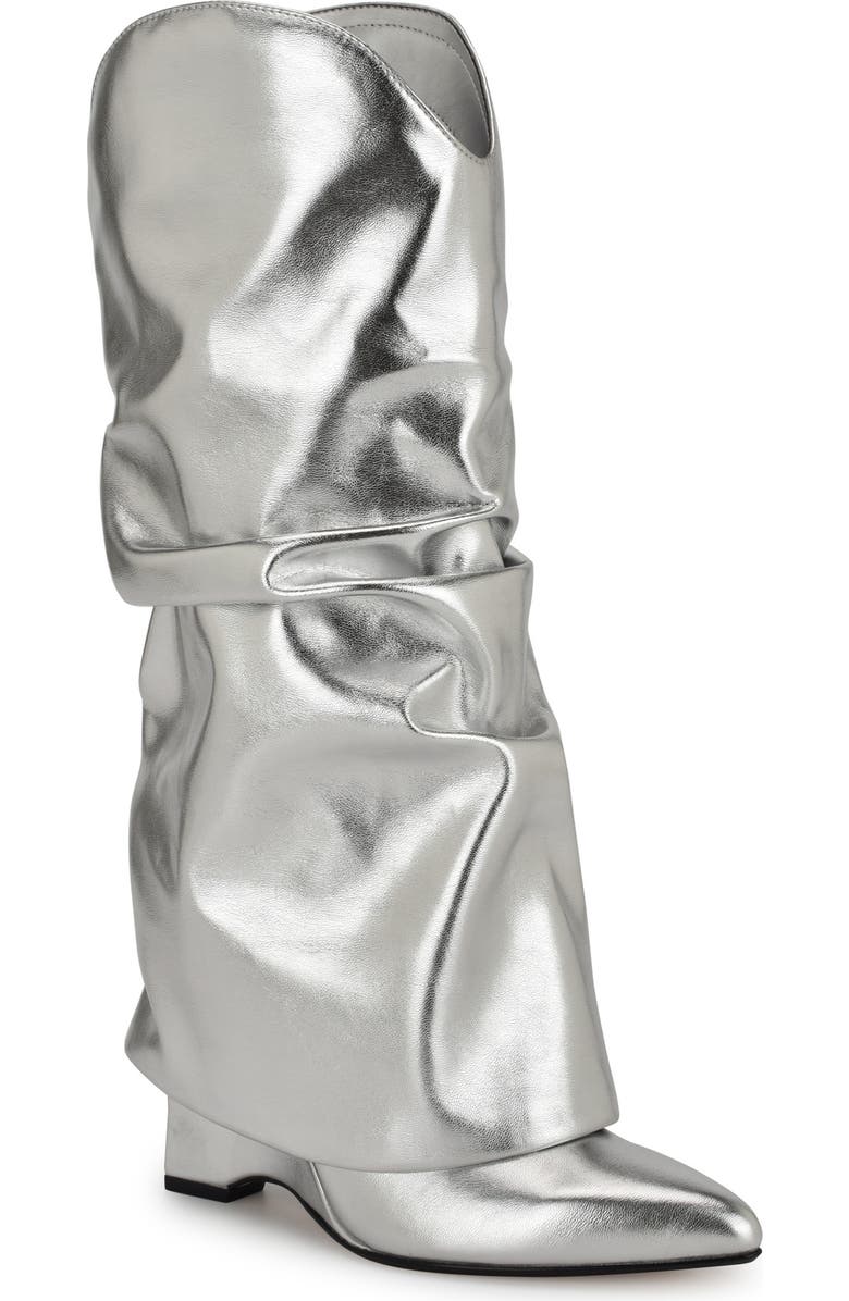 Nine West Amazin Foldover Shaft Pointed Toe Wedge Boot, Main, color, Silver