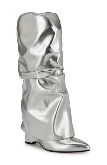 Nine West Amazin Foldover Shaft Pointed Toe Wedge Boot In Silver