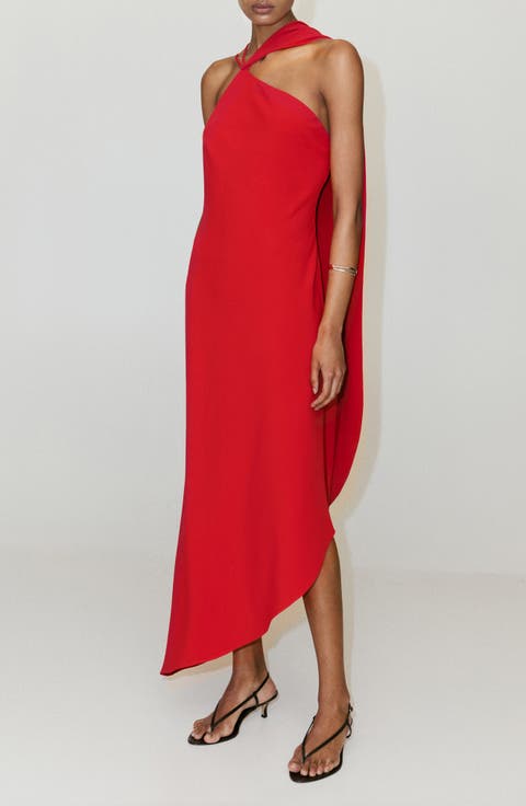 Asymmetric One-Shoulder Maxi Dress with Scarf