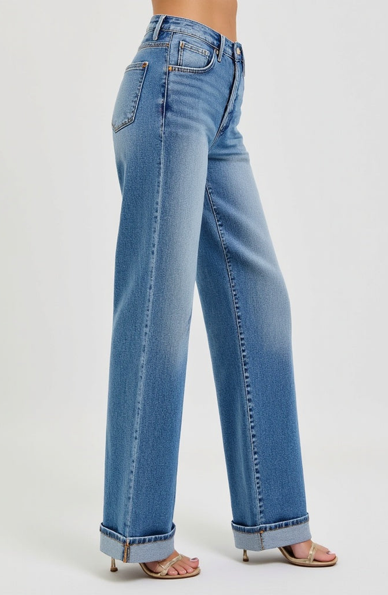 Modenaire Wide Leg Button-Fly Cuffed Jeans with Front Patch Pockets, Alternate, color, Medium-Dark Wash