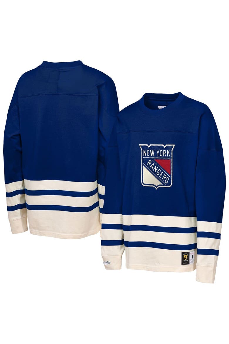 Youth Mitchell & Ness  Blue New York Rangers Chainstitch Heavyweight Long Sleeve Top, Alternate, color, Blue