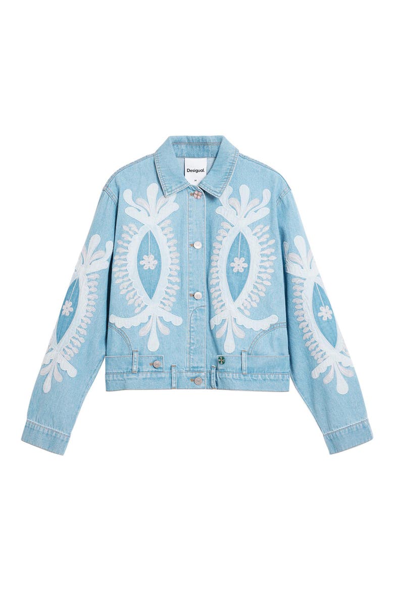 Beaded Lace Detail Denim Trucker Jacket, Alternate, color, MEDIUM BLUE