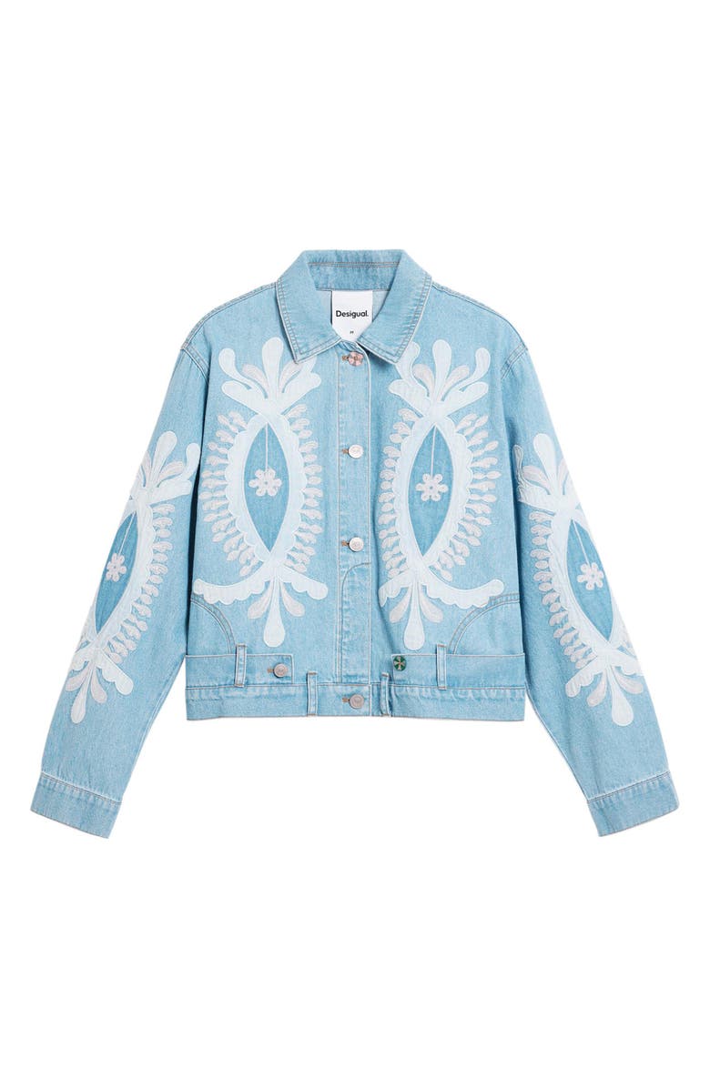 Desigual Beaded Lace Detail Denim Trucker Jacket, Alternate, color, Medium Blue