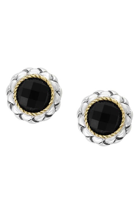 Two Tone Onyx Button Stud Earrings