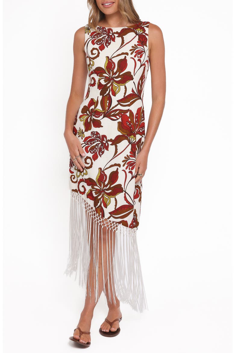 Aquarius Floral Fring Trim Dress, Main, color, BROWN FLORAL