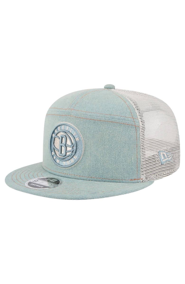New Era Men's New Era Brooklyn Nets Adventure Denim Split Panel 9FIFTY Snapback Trucker Hat, Main, color, Denim