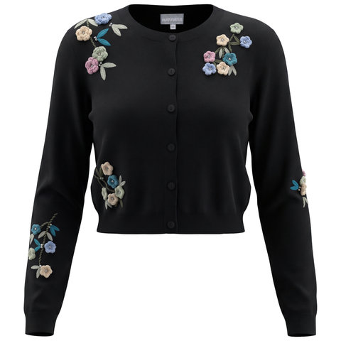 Floral Embroidered Ribbed Button-Up Cropped Cardigan