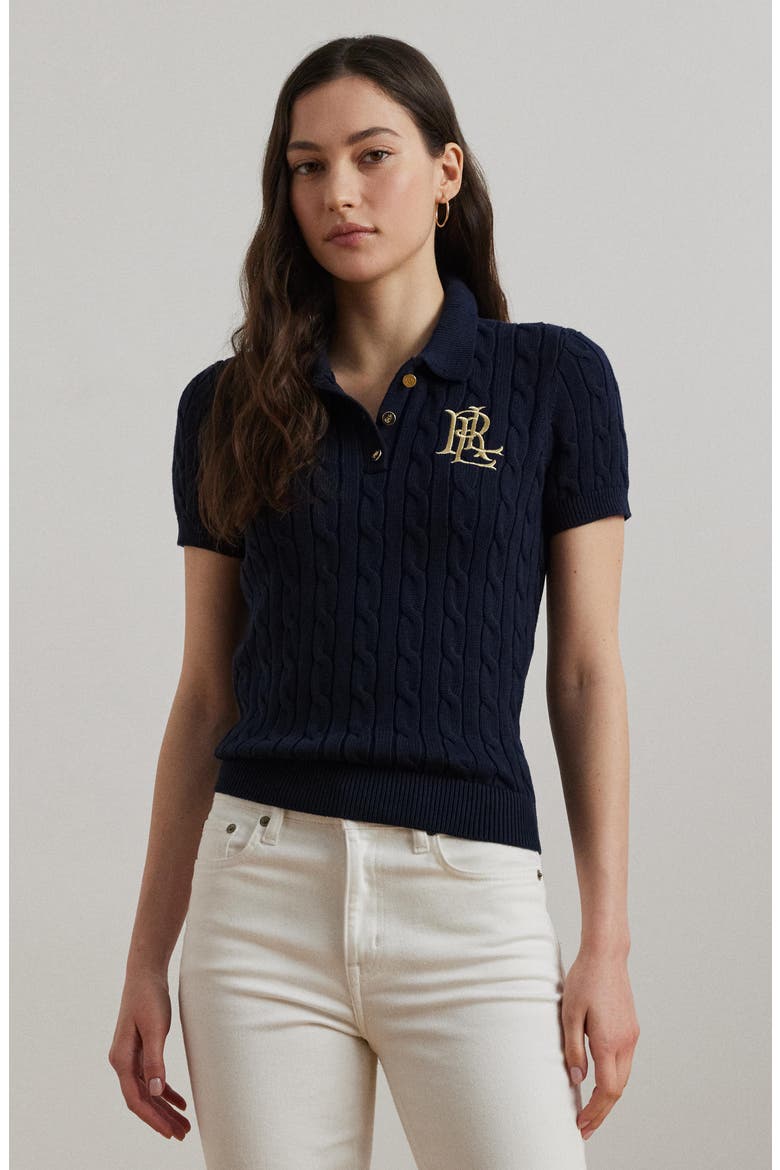 Cable Stitch Polo Sweater, Alternate, color, LAUREN NAVY