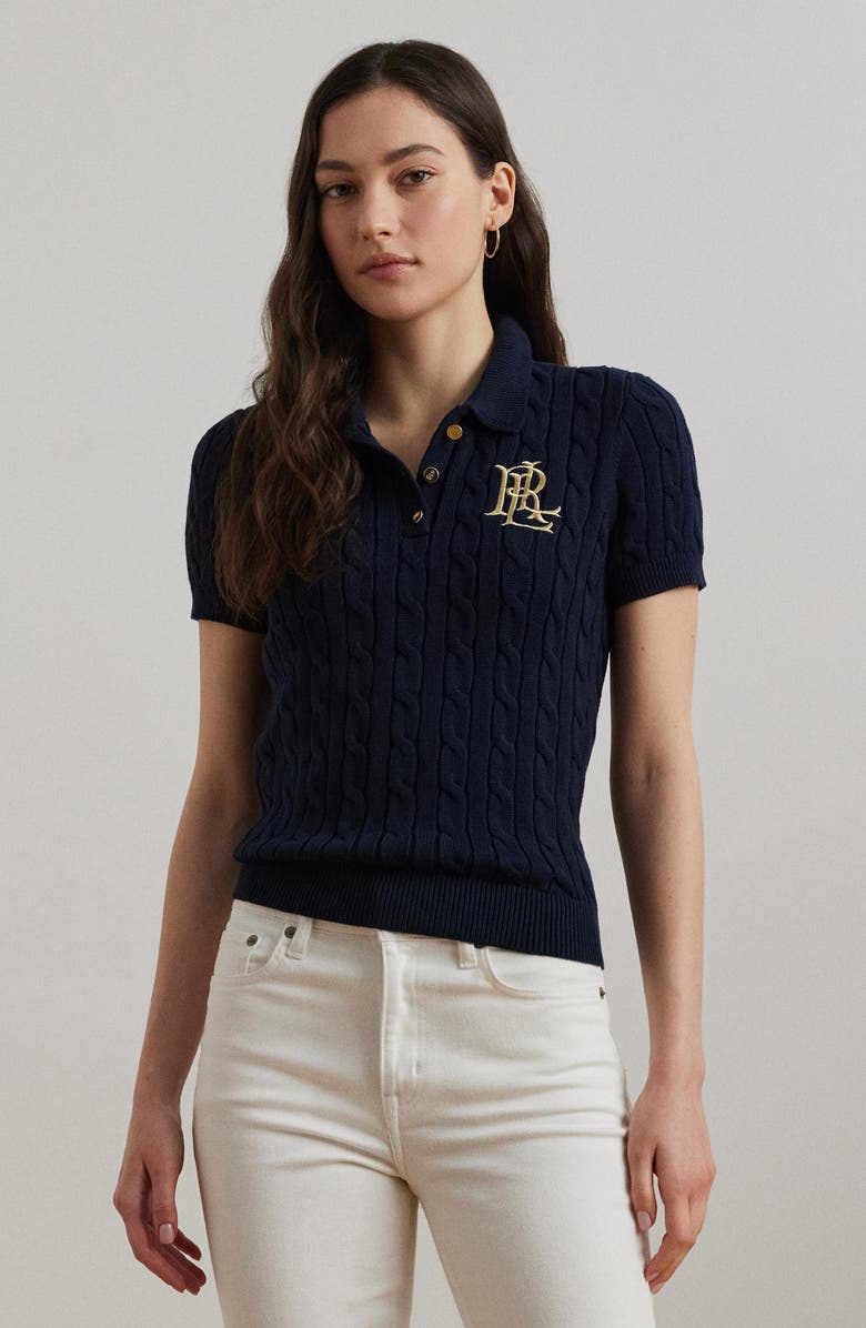 Lauren Ralph Lauren Cable Knit Cotton Polo Sweater, Alternate, color, Lauren Nav