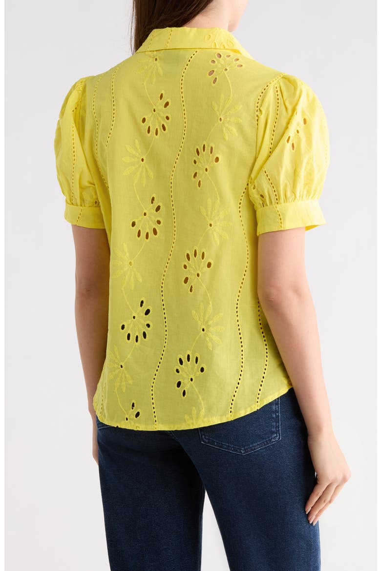 Eyelet Short Sleeve Button-Up Shirt, Alternate, color, YELLOW