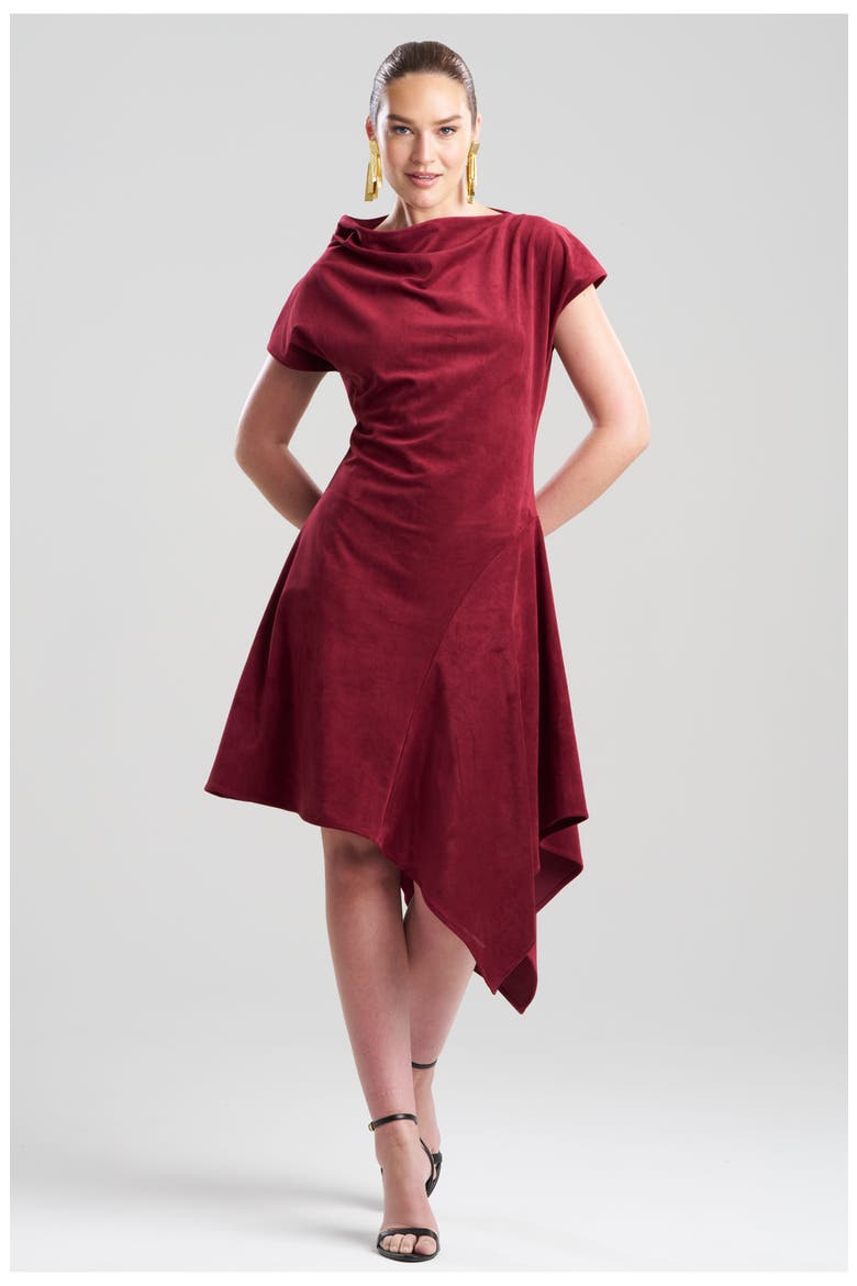 Vegan Luxe Suede Asymmetric Drape Neck Dress, Main, color, RUBY
