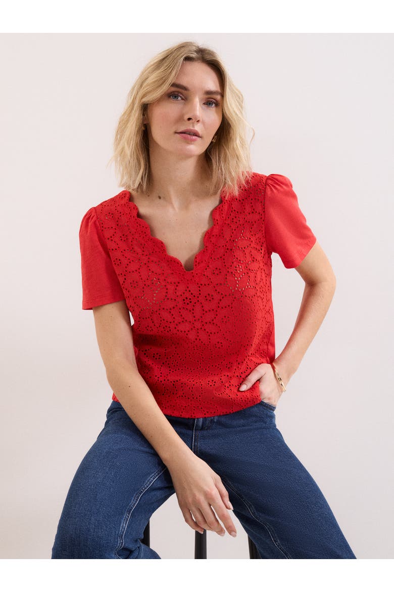 Freya Scallop V-Neck T-Shirt, Main, color, Red