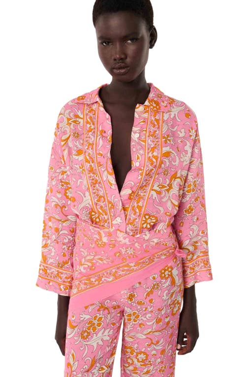 Maje Patterned Flowing Linen Shirt In Orange Pink Flowers Print