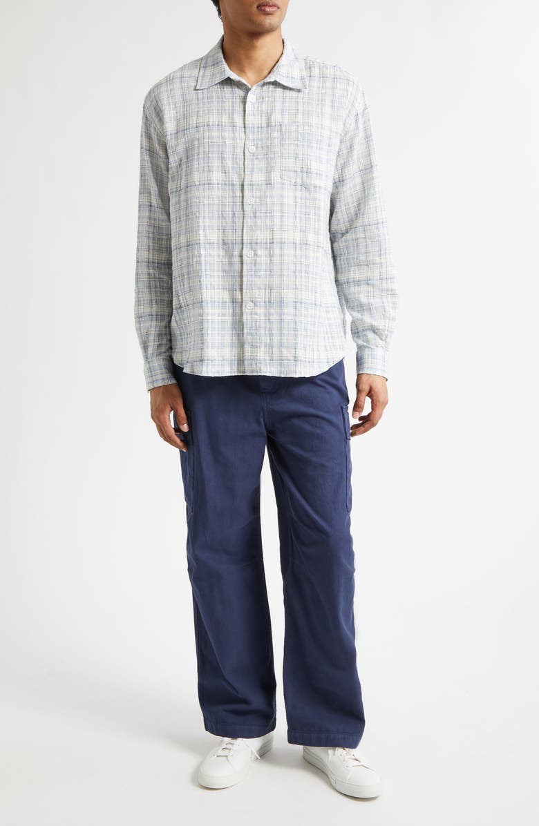 PALMES Plaid Wrinkle Cotton & Linen Blend Button-Up Shirt, Alternate, color, Sky Blue