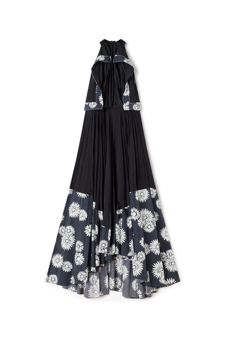 Pleated Dress In Charmeuse And Printed Cotton, Alternate, color, Floral, Geometric