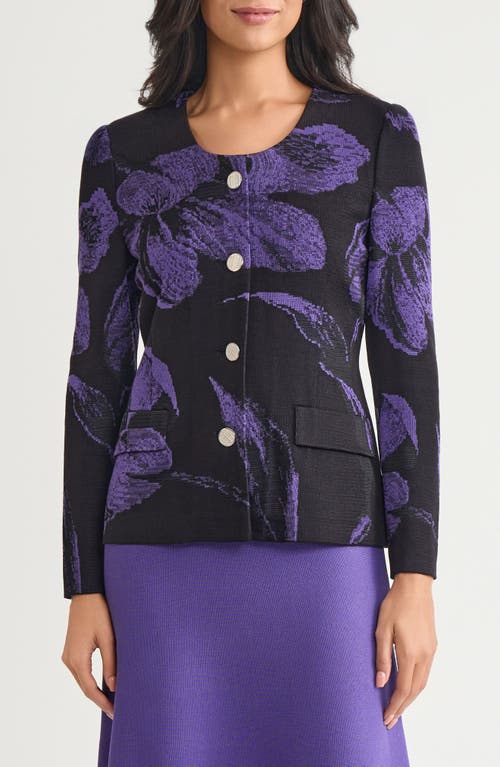 Misook Floral Jacquard Knit Jacket In Black