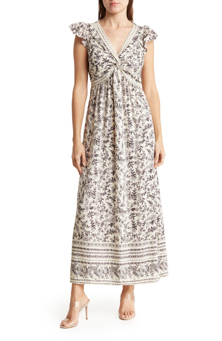 NOSTALGIA APPAREL Twist Front Cap Sleeve Maxi Dress, Main, color,