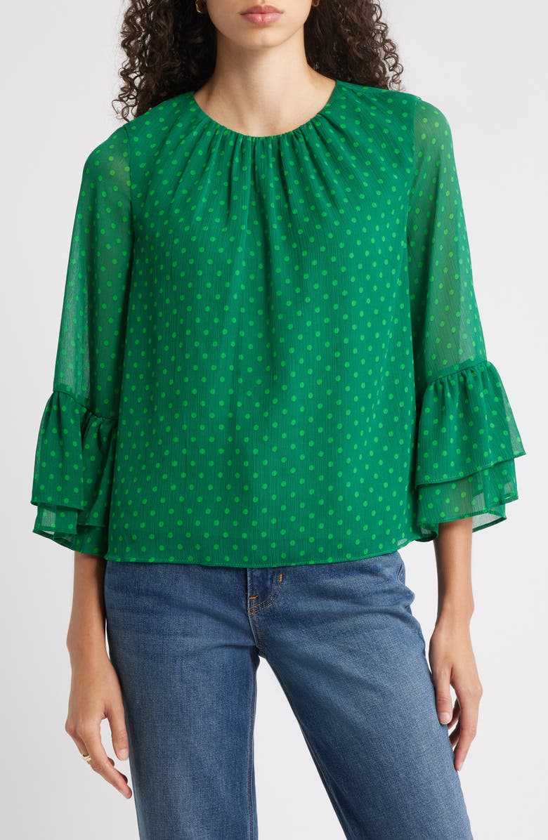 Halogen<sup>®</sup> Polka Dot Ruffle Cuff Top, Main, color, Holly Green