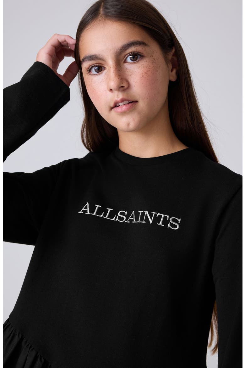 Kids' Long Sleeve Mixed Media Cotton T-Shirt Dress, Alternate, color, BLACK