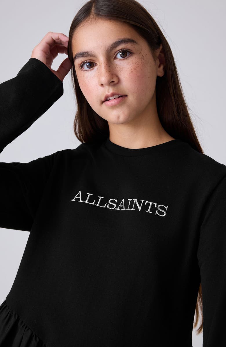 smALLSAINTS by ALLSAINTS Kids' Long Sleeve Mixed Media Cotton T-Shirt Dress, Alternate, color, Black