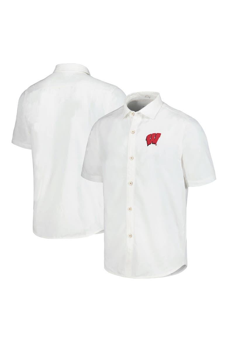 Men's Tommy Bahama White Wisconsin Badgers Coconut Point Palm Vista IslandZone Camp Button-Up Shirt, Alternate, color, White