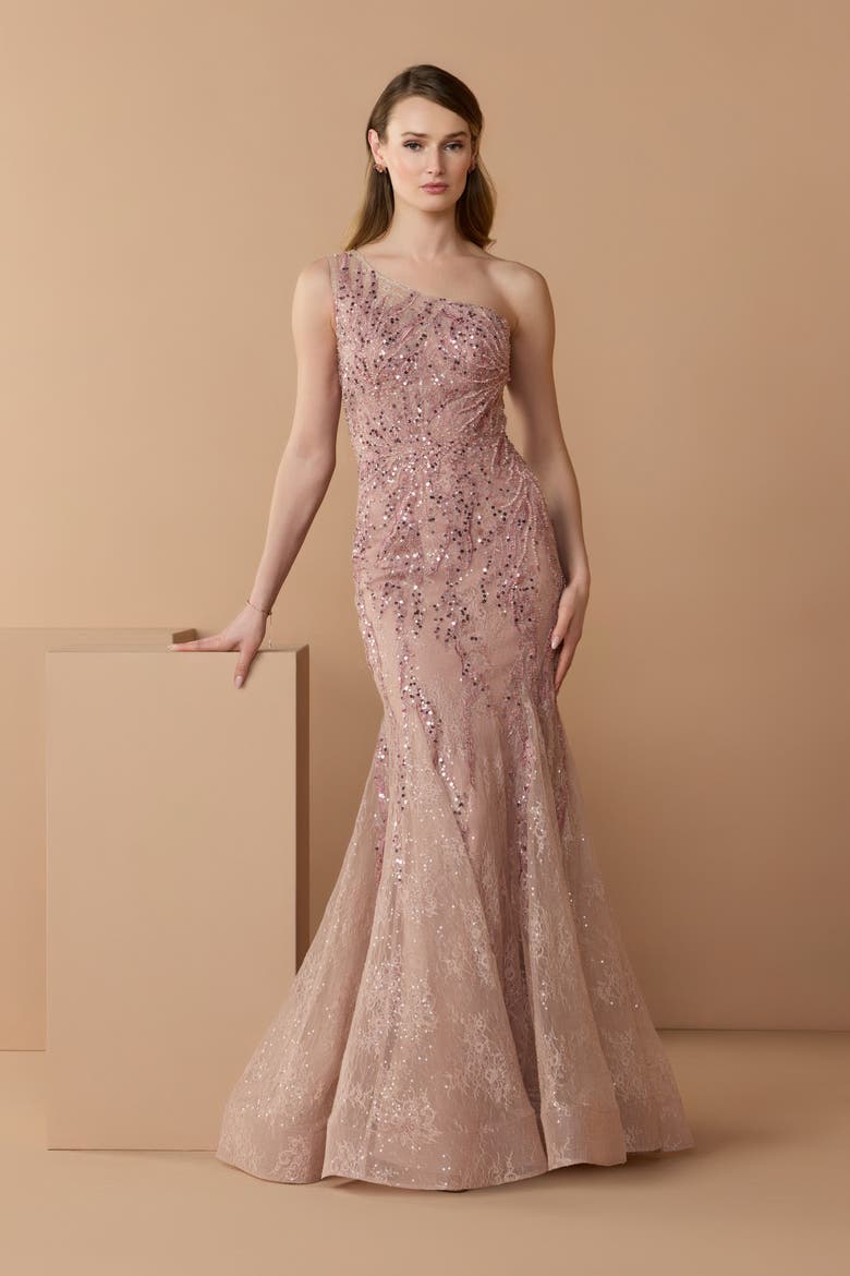 Embellished Lace One Shoulder Mermaid Gown, Alternate, color, Rose