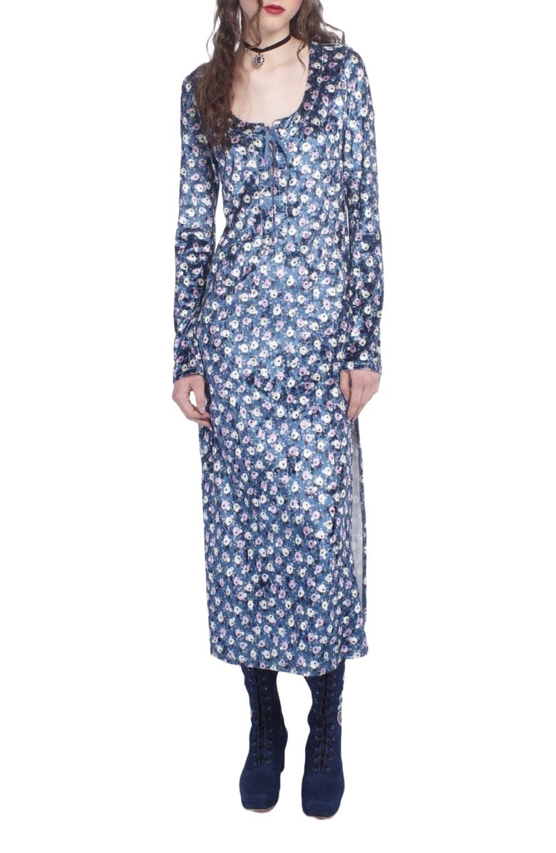 Anna Sui Posie Stretch Velvet Long Dress, Alternate, color, Cornflower Multi