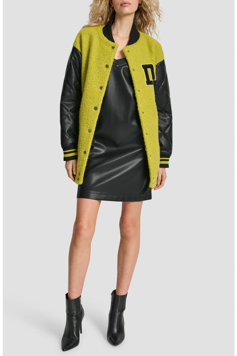 Logo Bouclé & Faux Leather Varsity Jacket, Alternate, color, CITRONELLA