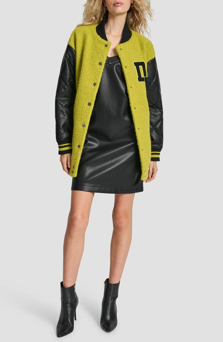 DKNY Logo Bouclé & Faux Leather Varsity Jacket, Alternate, color, Citronella