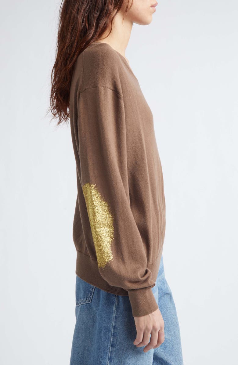 JULIE KEGELS Glitter Elbow Patch Cotton & Cashmere Sweater, Alternate, color, Brown