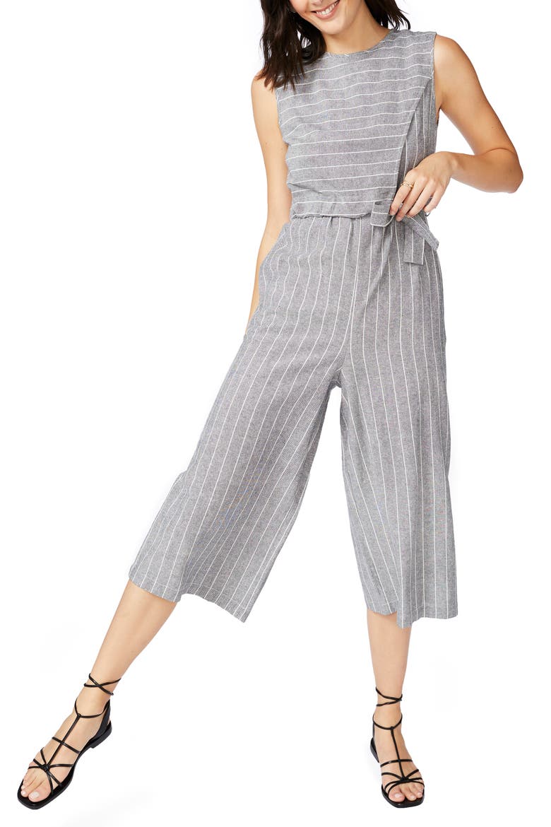 Pinstripe Crop Jumpsuit, Main, color, RICH BLACK