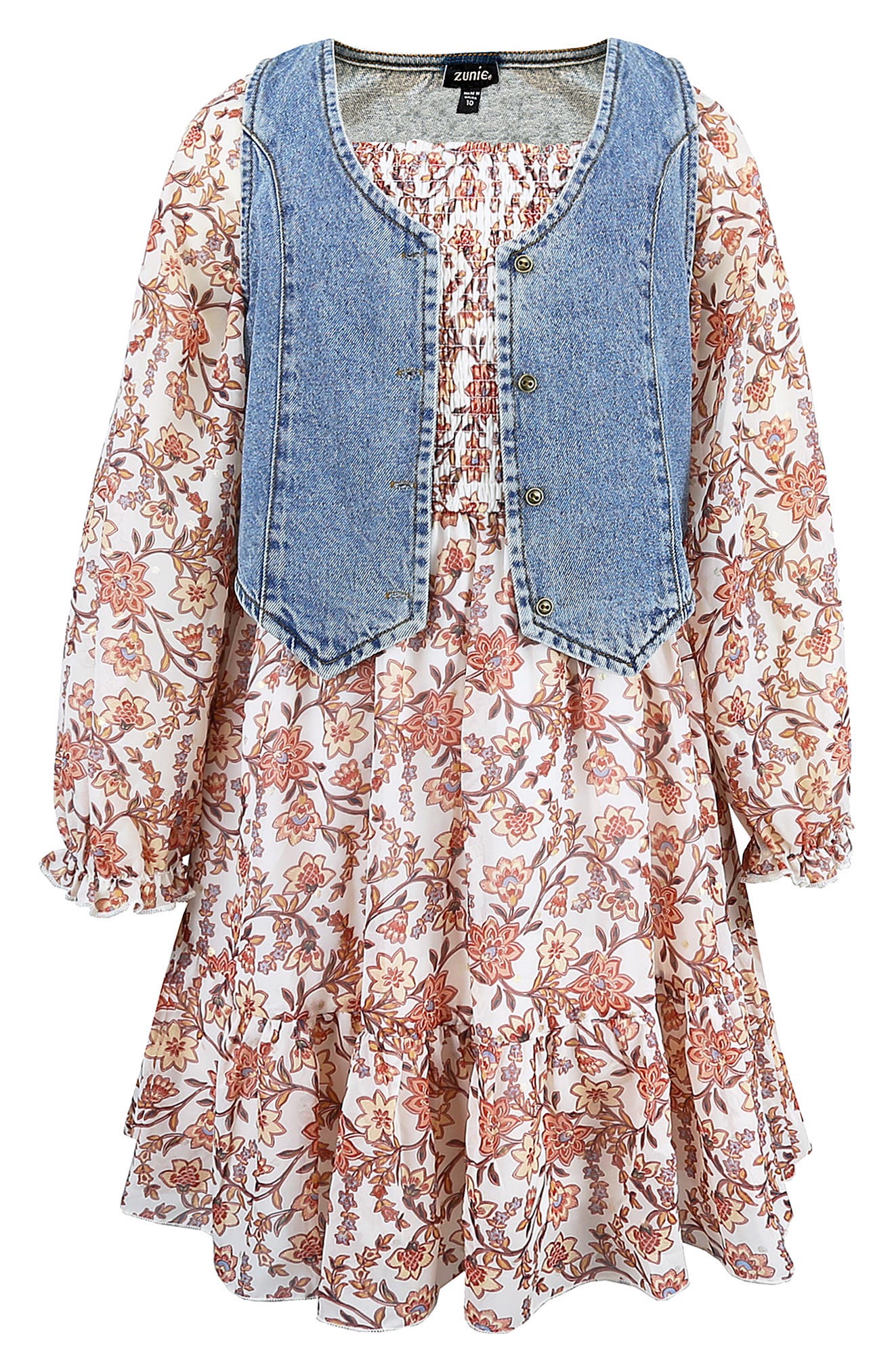 Kids' Floral Long Sleeve Dress & Denim Vest Set