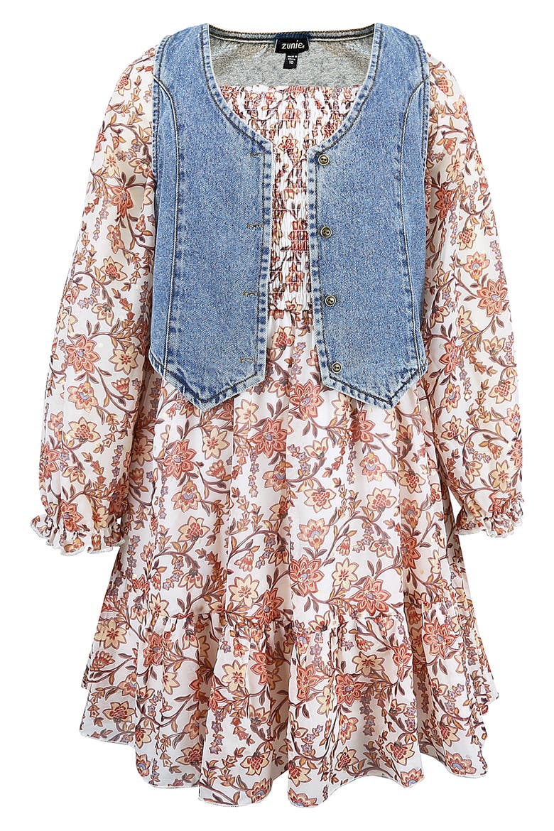 Kids' Floral Long Sleeve Dress & Denim Vest Set, Main, color, DENIM MULTI