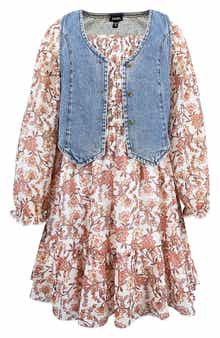 Kids' Floral Long Sleeve Dress & Denim Vest Set