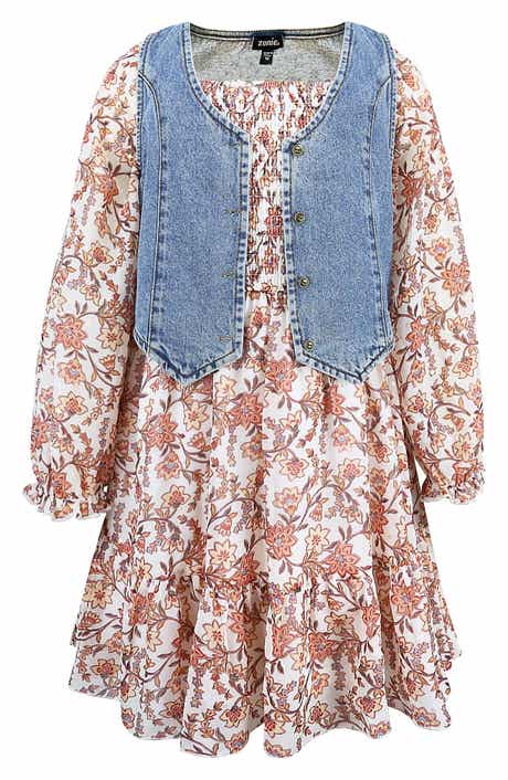Kids' Floral Long Sleeve Dress & Denim Vest Set