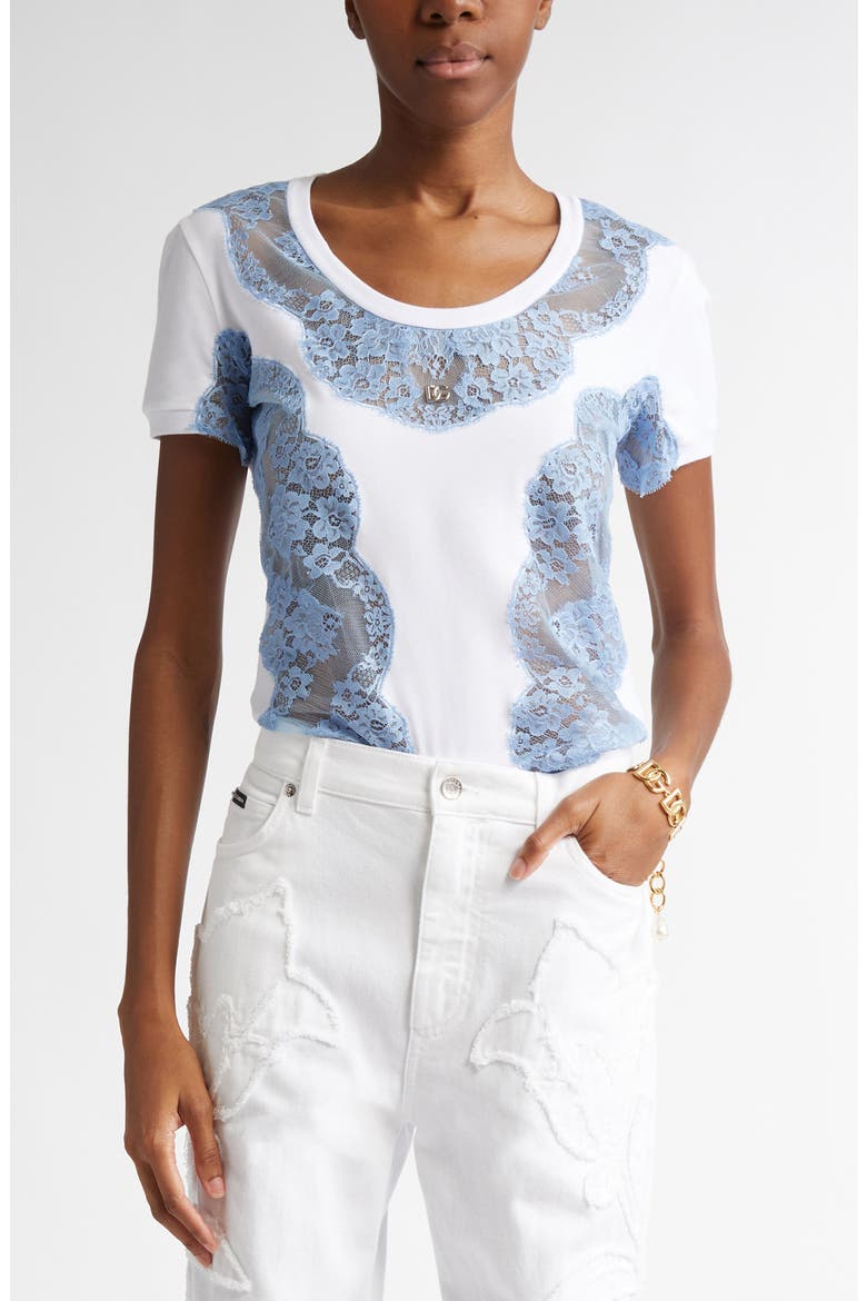 Lace Inset Jersey T-Shirt, Main, color, BIANCO OTTICO