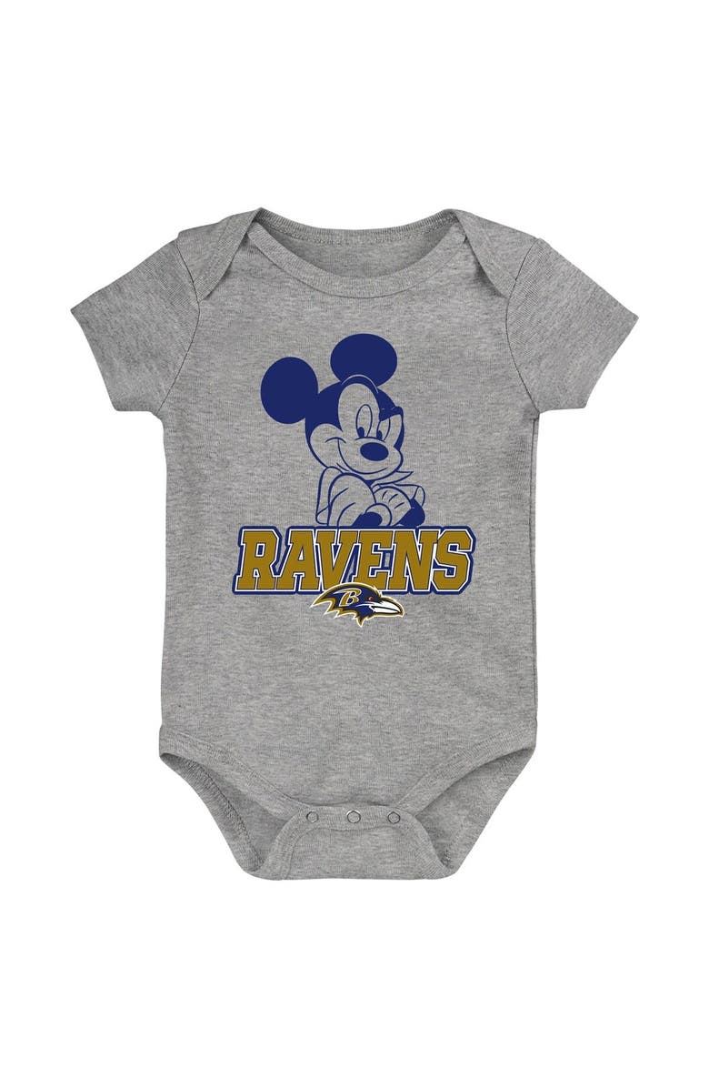 Outerstuff Newborn & Infant Purple/Black/Gray Baltimore Ravens Three-Piece Disney Game Time Bodysuit Set, Alternate, color,