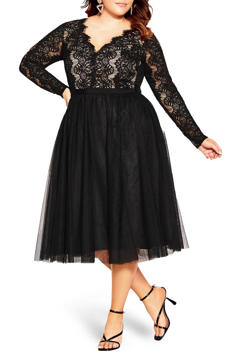 Rare Beauty Lace Bodice Long Sleeve Dress, Main, color, BLACK