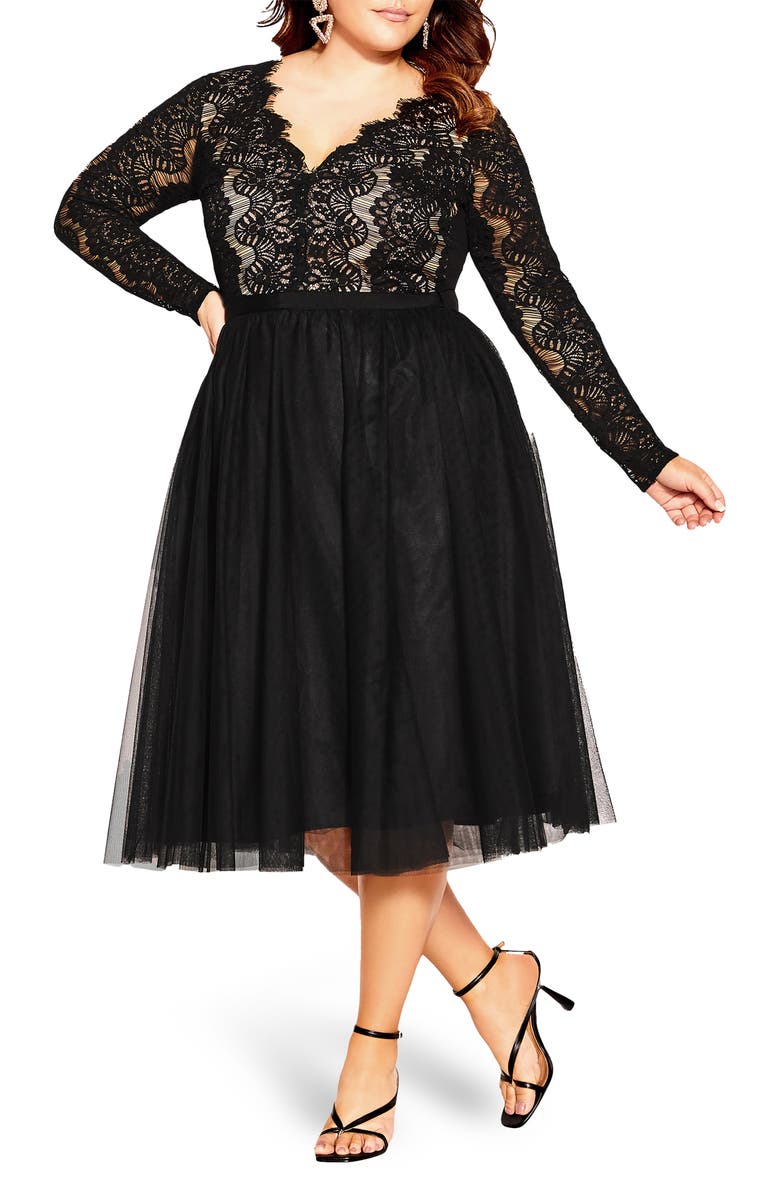City Chic Rare Beauty Lace Bodice Long Sleeve Dress, Main, color, Black