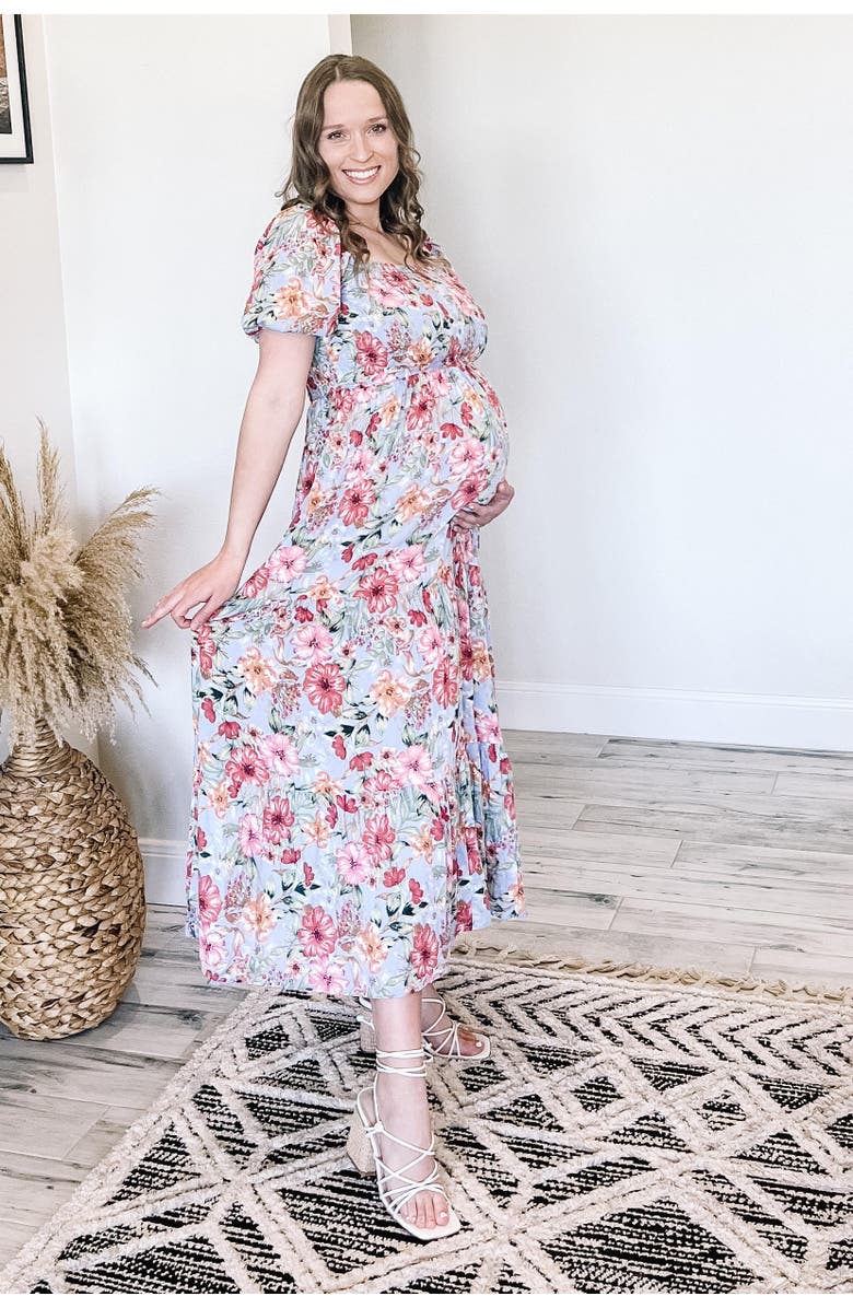 PinkBlush Floral Smocked Square Neck Tiered Maxi Dress, Alternate, color, Blue