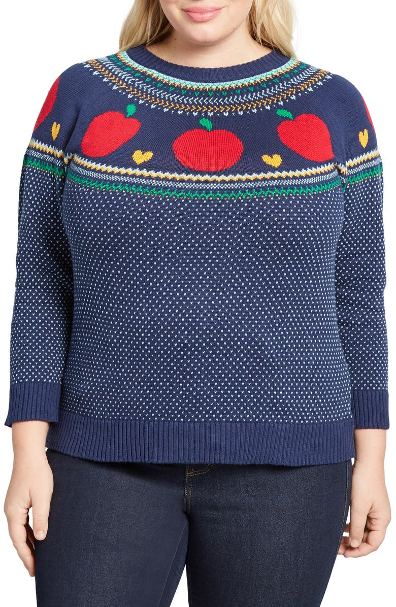 ModCloth Fair Isle Apple Crewneck Cotton Sweater, Alternate, color,