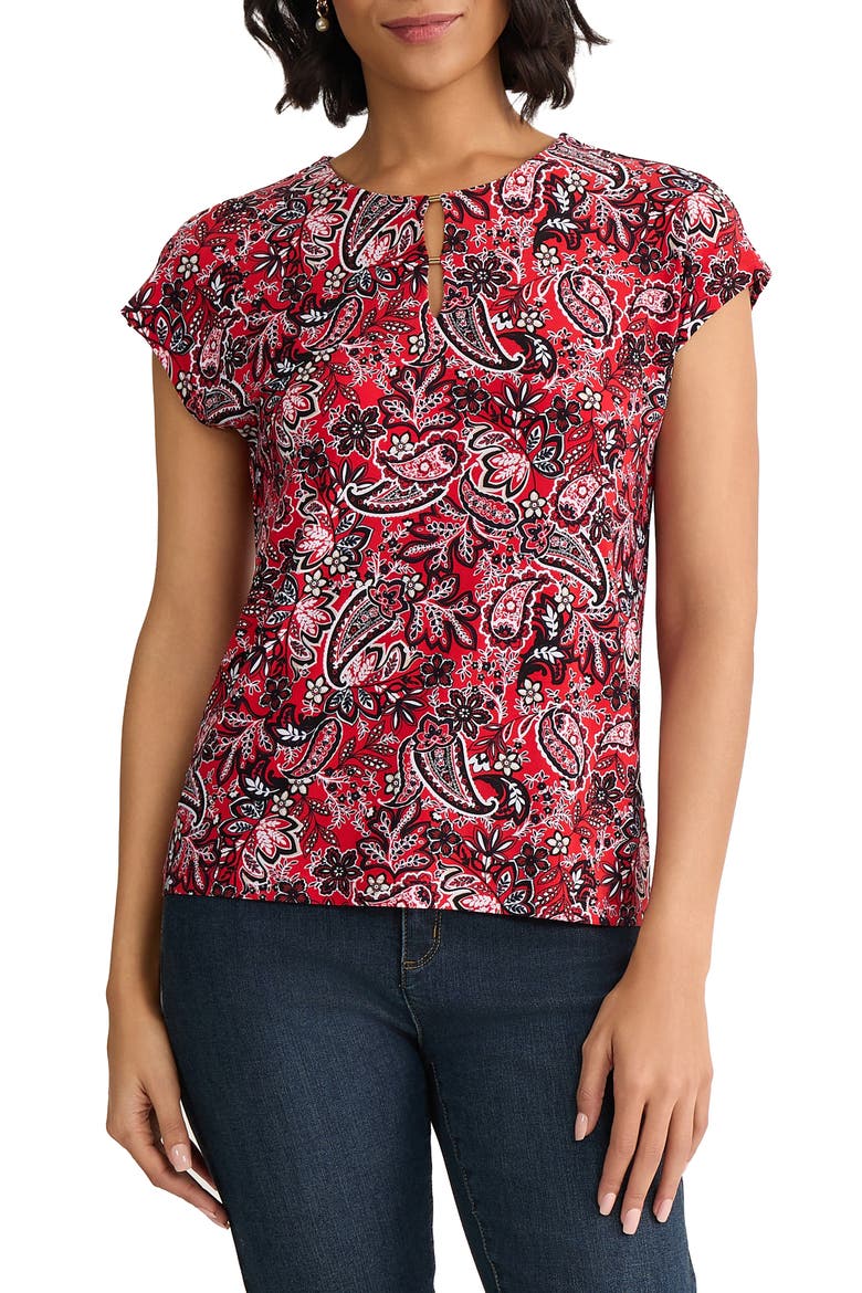 Paisley Keyhole Crepe Knit Top, Main, color, ROUGE MULTI