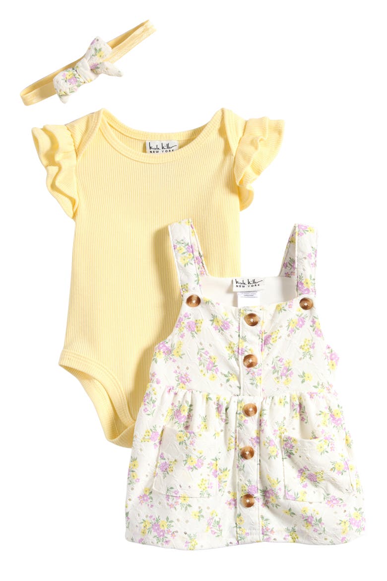 Floral Jumper, Bodysuit & Headband Set, Main, color, PASTEL YELLOW
