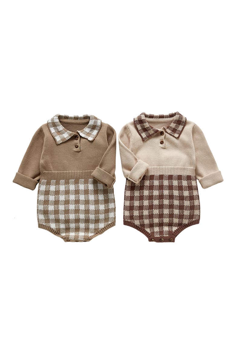 Hazel Gingham Long Sleeve Knit Cotton Bodysuit, Alternate, color, BEIGE