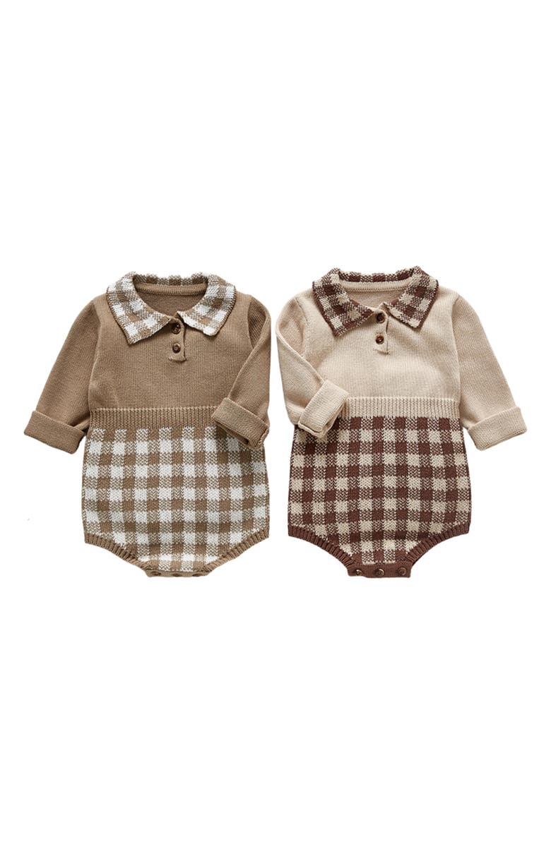Ashmi & Co. Hazel Gingham Long Sleeve Knit Cotton Bodysuit, Alternate, color, Coffee