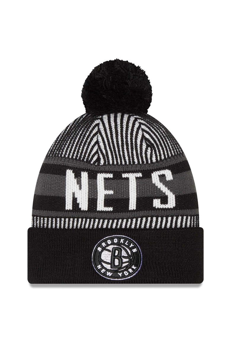Men's New Era Black Brooklyn Nets Striped Cuffed Pom Knit Hat, Main, color, Black