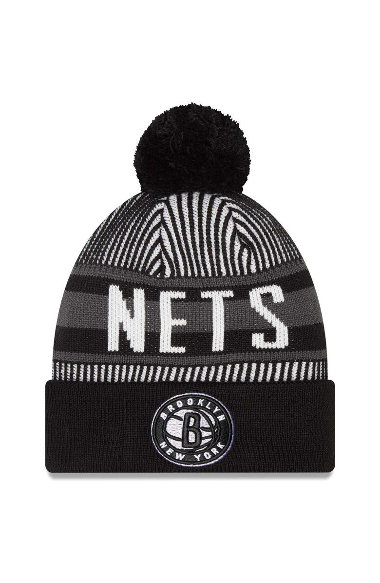 New Era Men's New Era Black Brooklyn Nets Striped Cuffed Pom Knit Hat, Main, color, 