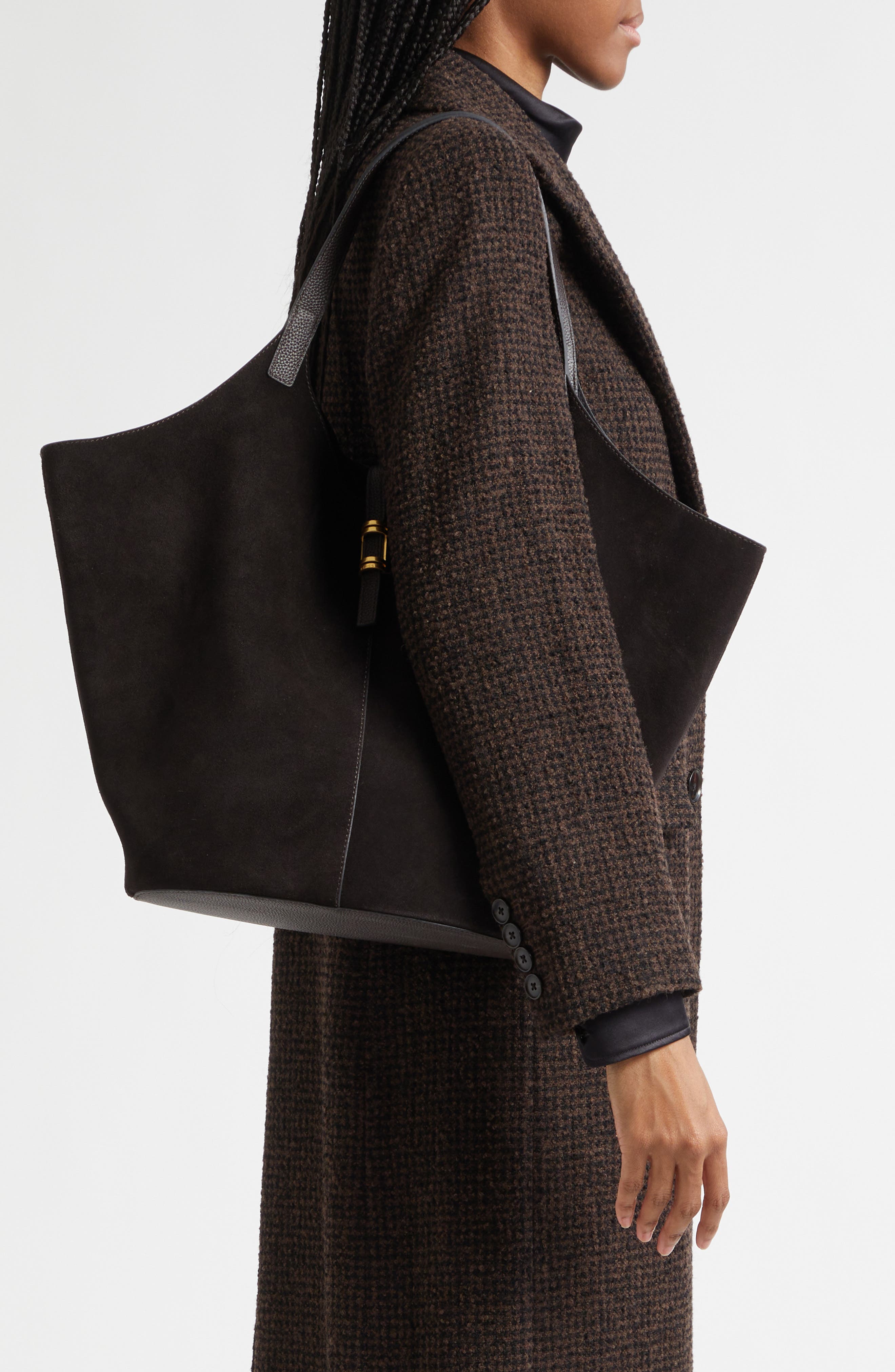 Lyra Leather & Suede Large Tote, Alternate, color, CHOCOLATE